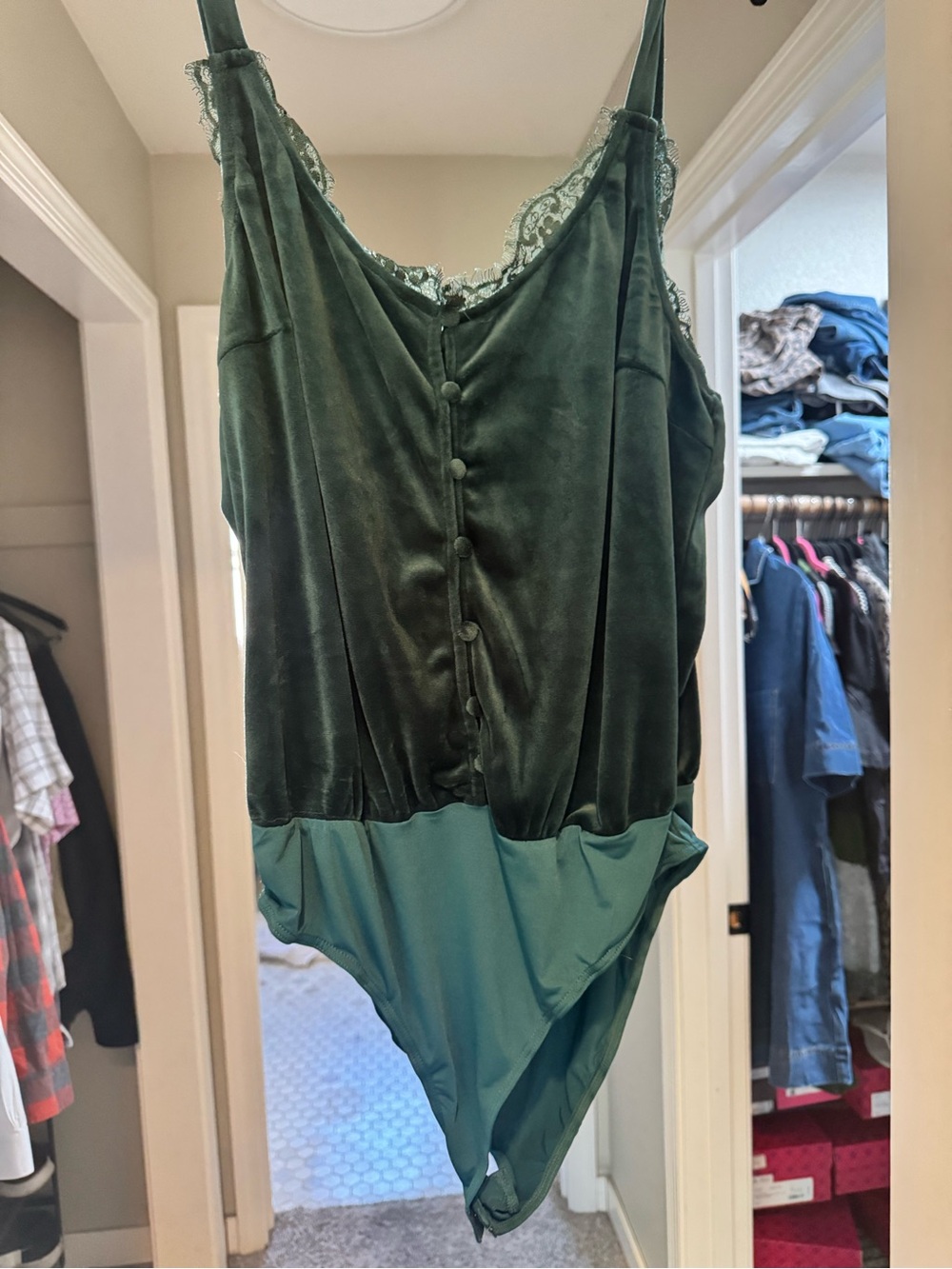 Women’s Green Velvet Lace-Trim Bodysuit